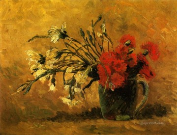  Florero Pintura al %C3%B3leo - Jarrón con claveles rojos y blancos sobre fondo amarillo Vincent van Gogh Impresionismo Flores